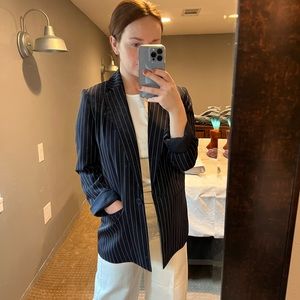 Navy blue pinstriped blazer